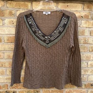 Beaded fringe v-neck sweater top